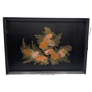 Vintage 18" x 12" Couroc Monterey Seashells Serving Tray Black Inlaid Wood Brass